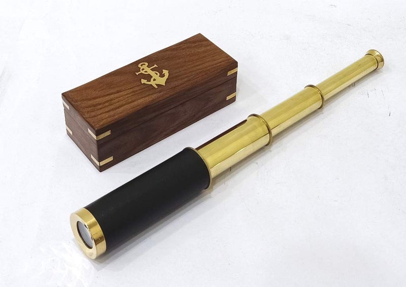 Nautical Brass/Leather Spyglass Telescope with Rosewood Box, 15" Rustic Vintage Home Decor Gifts